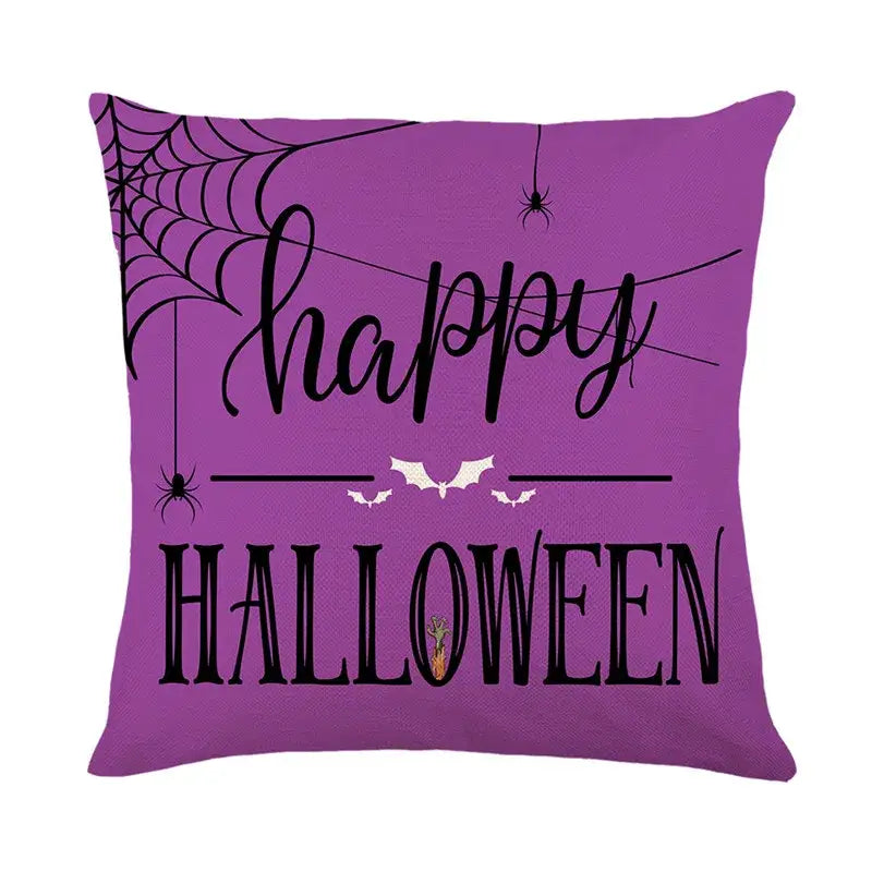 Purple halloween pumpkin linen cushion with happy halloween text and spiderweb design for sofa living room decor
