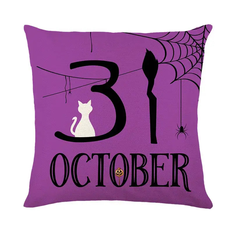 Purple halloween pumpkin linen cushion with white cat 31 design and black spiderweb for living room sofa use
