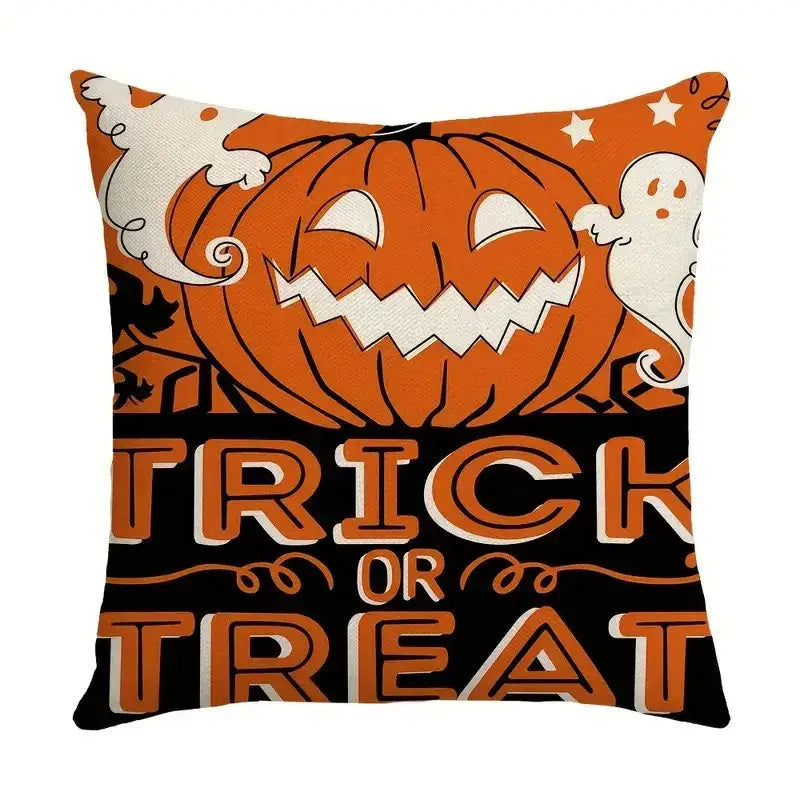 Orange and black halloween pumpkin linen cushion cover with carved pumpkin ghosts stars and trick or treat text for sofa