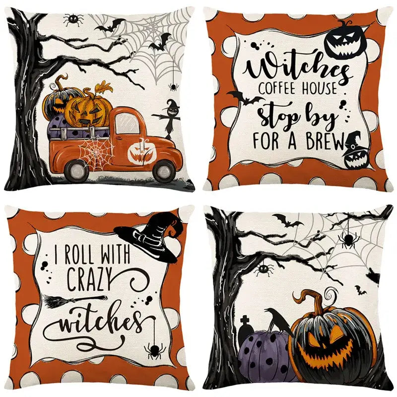 Set of four halloween pumpkin linen cushion covers in orange black and white with spooky designs for living room sofa