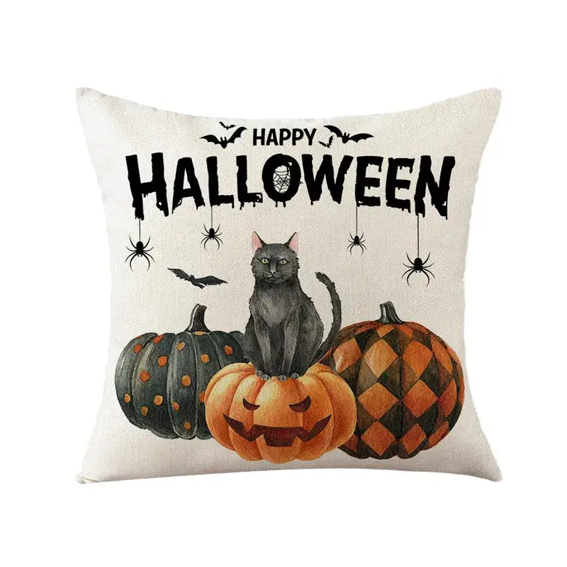 Off-white halloween pumpkin linen cushion cover with black happy halloween text gray cat on pumpkins for living room sofa