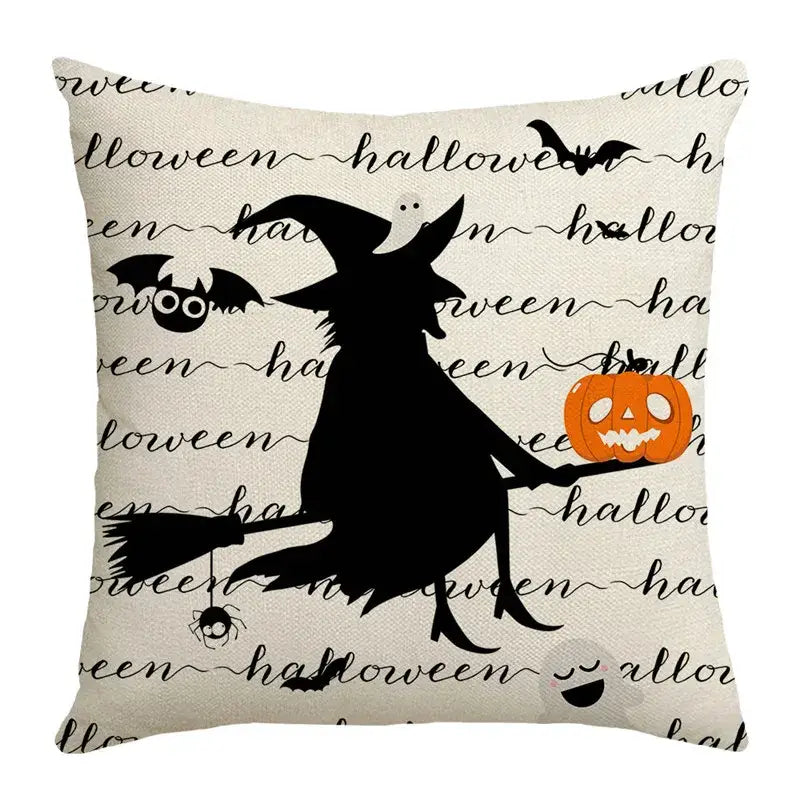 Beige halloween pumpkin linen cushion featuring a black witch silhouette with bats and spiders for living room sofa