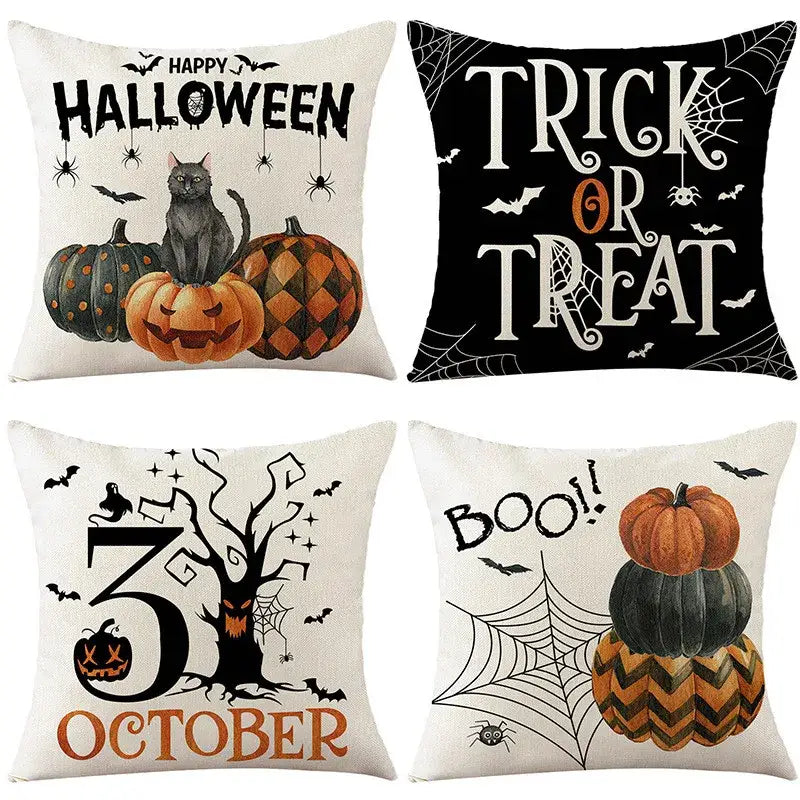 Spooky halloween pumpkin linen cushion cover set featuring black orange and cream designs for living room sofa