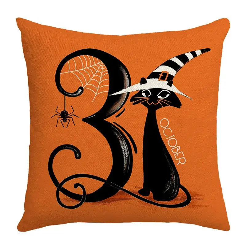 Orange halloween pumpkin linen throw pillow with black cat in witch hat and october 31 spider web linen cushion cover