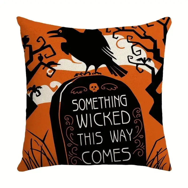 Orange halloween pumpkin linen throw pillow with black crow on tombstone and spooky text for living room sofa