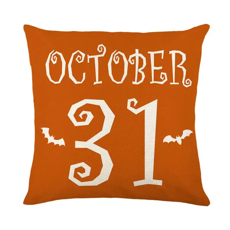Orange halloween pumpkin linen cushion with white embroidered october 31 and bat designs for living room sofa