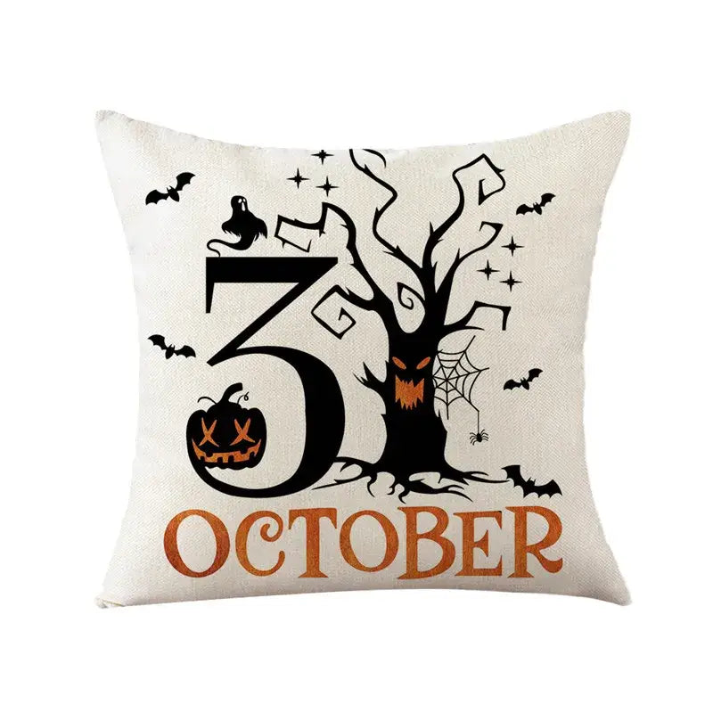 Off-white linen cushion cover featuring halloween pumpkin linen design with spooky tree and orange october lettering for sofa