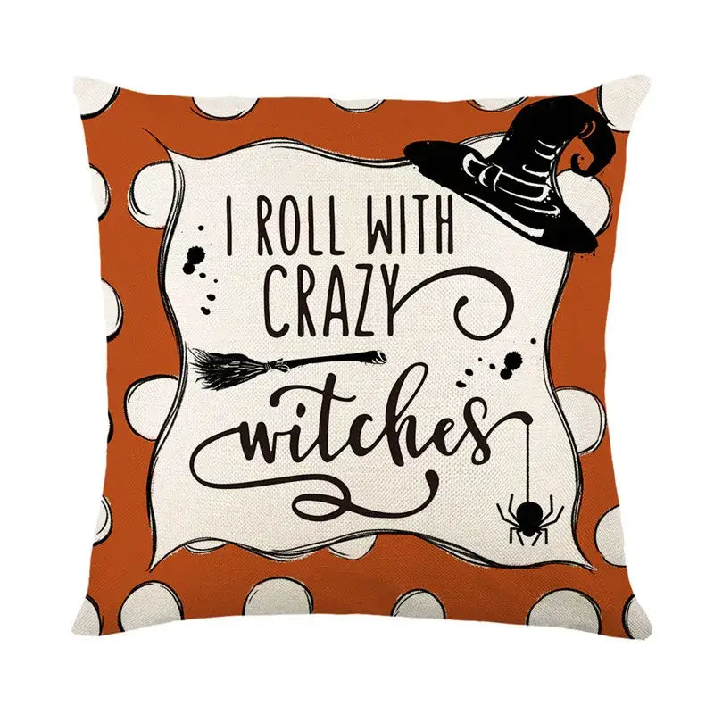 Spooky halloween pumpkin linen cushion with orange polka dots and witch hat design for living room sofa