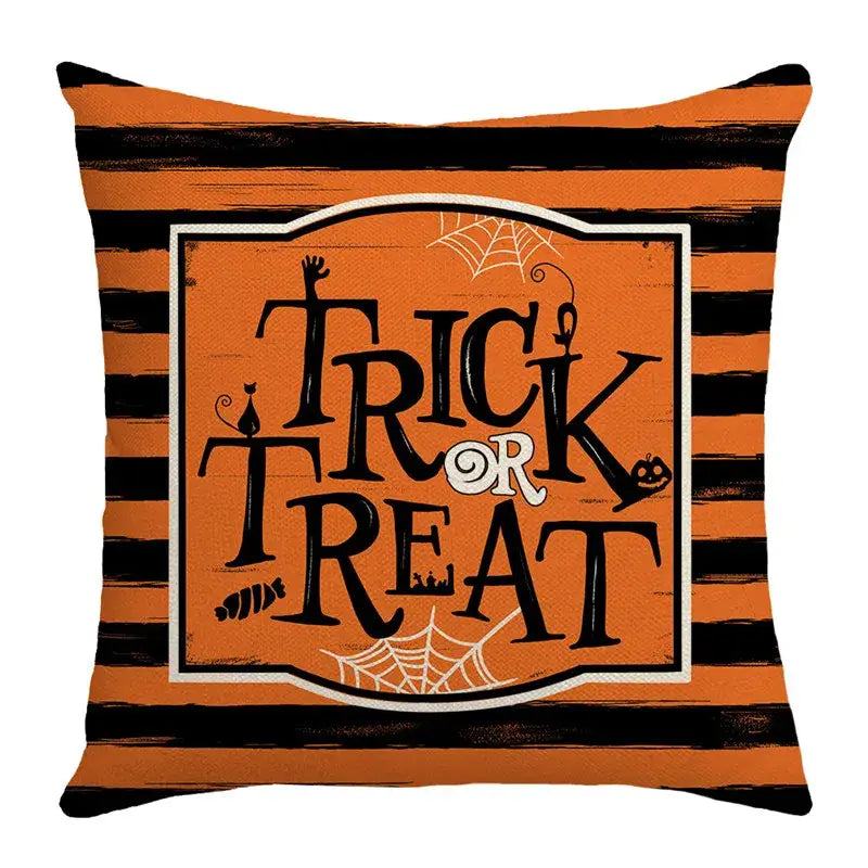 Orange and black striped halloween pumpkin linen cushion with trick or treat design for living room sofa decor