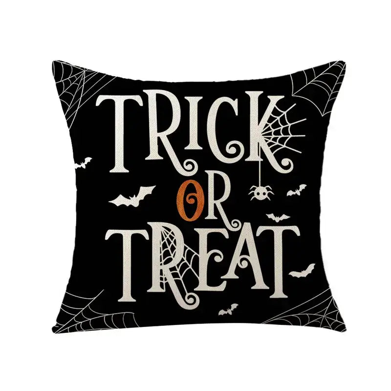 Black halloween pumpkin linen cushion cover with trick or treat lettering spiderwebs and bats for living room sofa