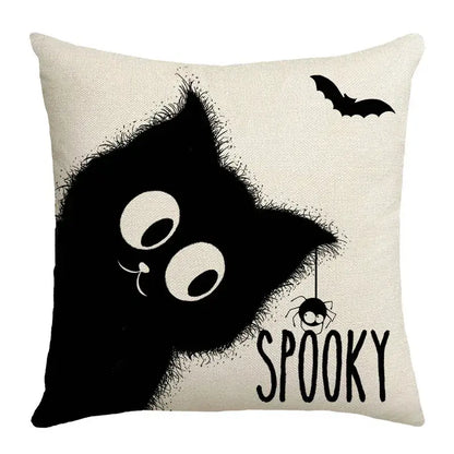 Beige halloween pumpkin linen throw pillow with black cartoon cat bat spider and spooky text for living room sofa
