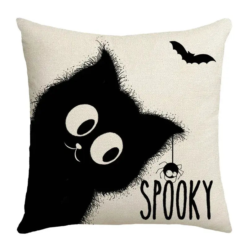 Beige halloween pumpkin linen throw pillow with black cartoon cat bat spider and spooky text for living room sofa