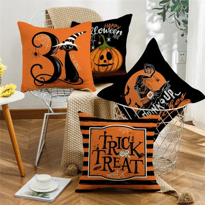 Orange and black halloween pumpkin linen cushion cover featuring witch pumpkin and trick or treat design for sofa