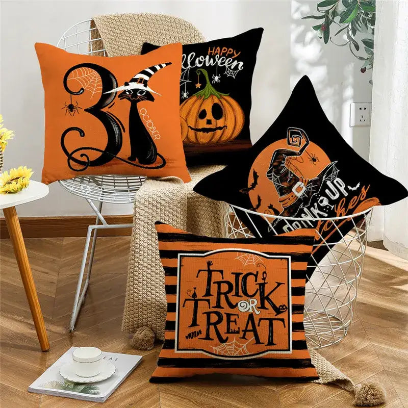 Orange and black halloween pumpkin linen cushion cover featuring witch pumpkin and trick or treat design for sofa