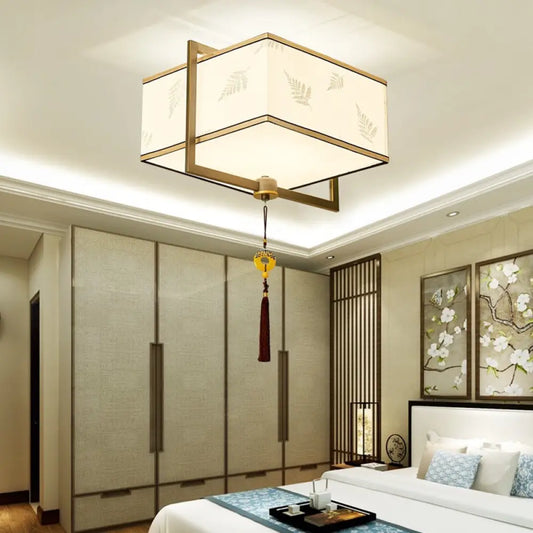 DecorBites™ DecorBites™ Square Flush Ceiling Light with 5 Fabric Lights – Traditional White Fixture for Bedroom