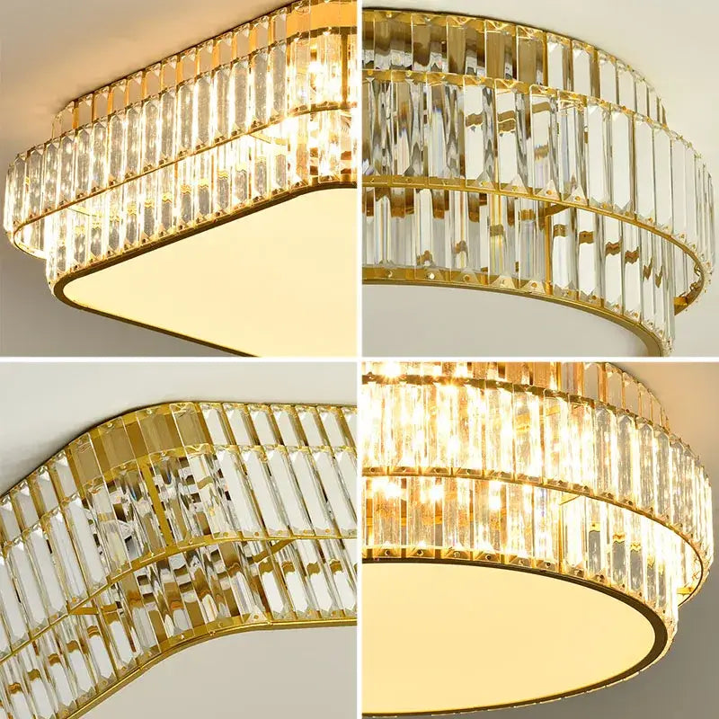 Square gold crystal led ceiling lamp with multi-tier clear faceted rods refracting warm light for living room decorbites crystal led