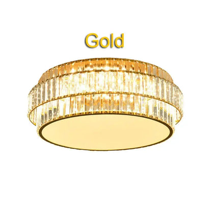 Square gold crystal led ceiling lamp with two concentric rings of clear faceted crystal bars for living room decorbites ceiling lamp