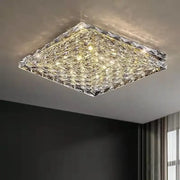 Square gold crystal led ceiling light with faceted textured surface and warm golden illumination for living room ceiling lights