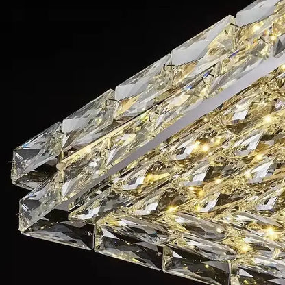 A modern square gold crystal led ceiling light with faceted clear and gold crystals in a geometric layered design