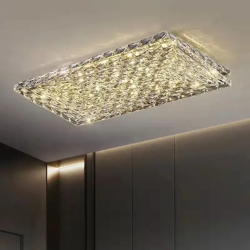 Square gold crystal led ceiling lights featuring a textured surface with warm white led ceiling lights for living room