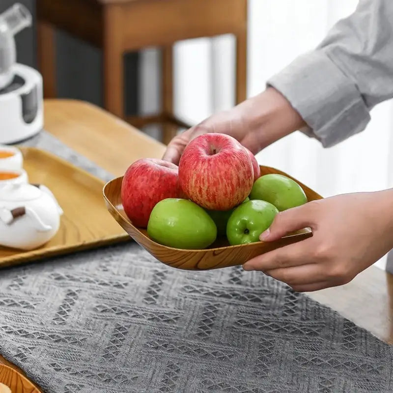 Square imitation wood snack plate with smooth natural finish holding red and green apples by decorbites imitation wood