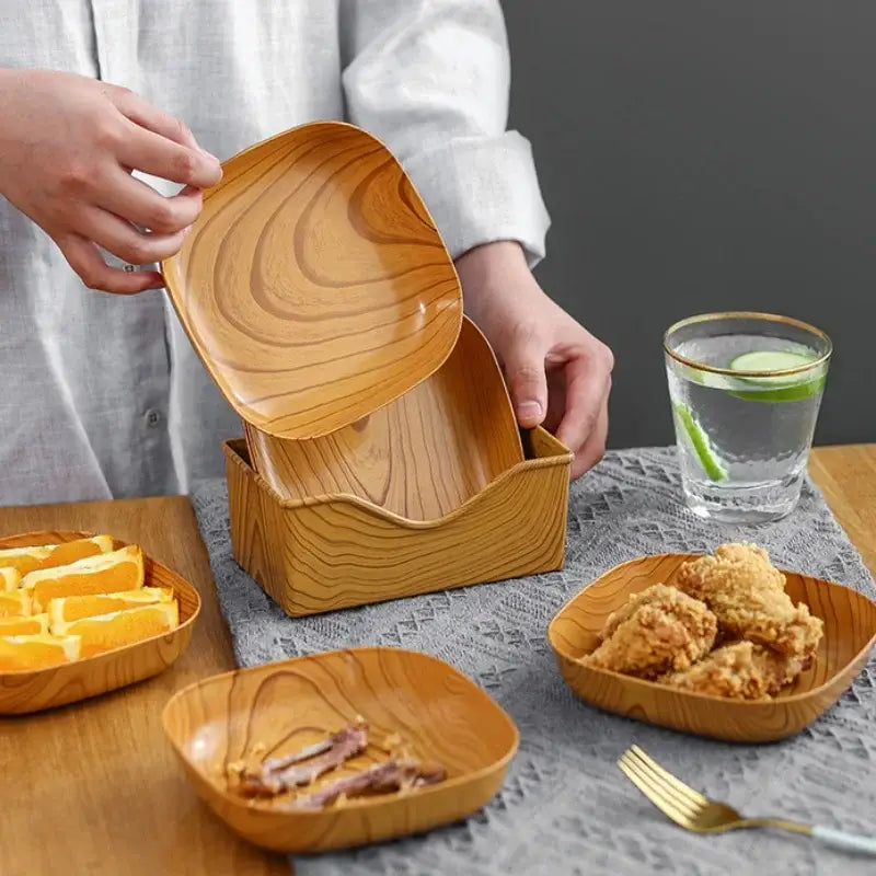 Wooden square imitation wood snack plates with natural grain finish arranged as decorbites imitation wood dining trays