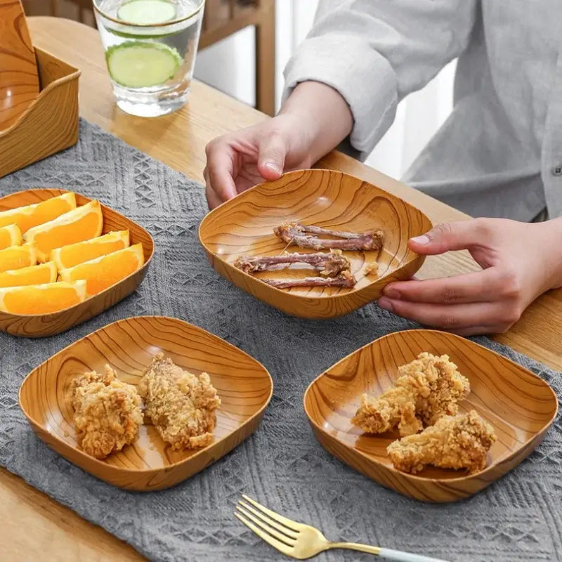 Wooden square imitation wood snack plates with natural grain finish for decorbites imitation wood dining room use
