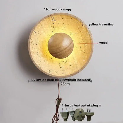 Square yellow travertine led wall lamp sconce with warm wood canopy and central wooden sphere for stairways lighting