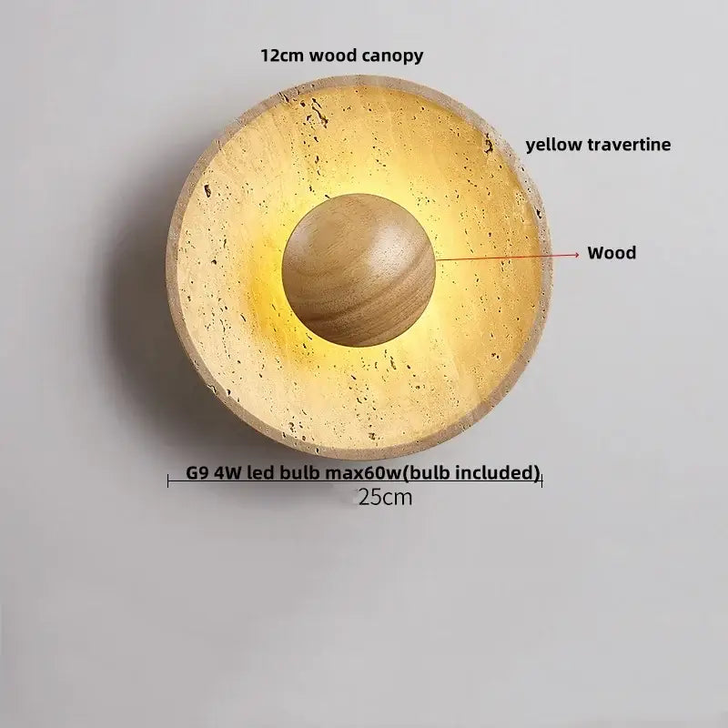 Square yellow travertine led wall lamp sconce with warm wood canopy featuring a circular design for stairways