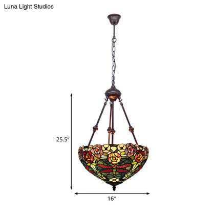 Stained Art Glass Chandelier Light - Petal Design - 2 Lights - Red/Orange/Green - Bedroom Pendant Lighting Fixture