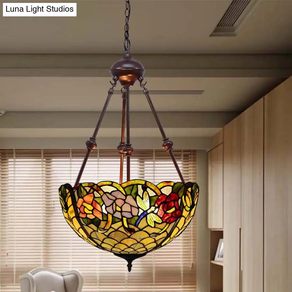 Stained Art Glass Chandelier Light - Petal Design - 2 Lights - Red/Orange/Green - Bedroom Pendant Lighting Fixture