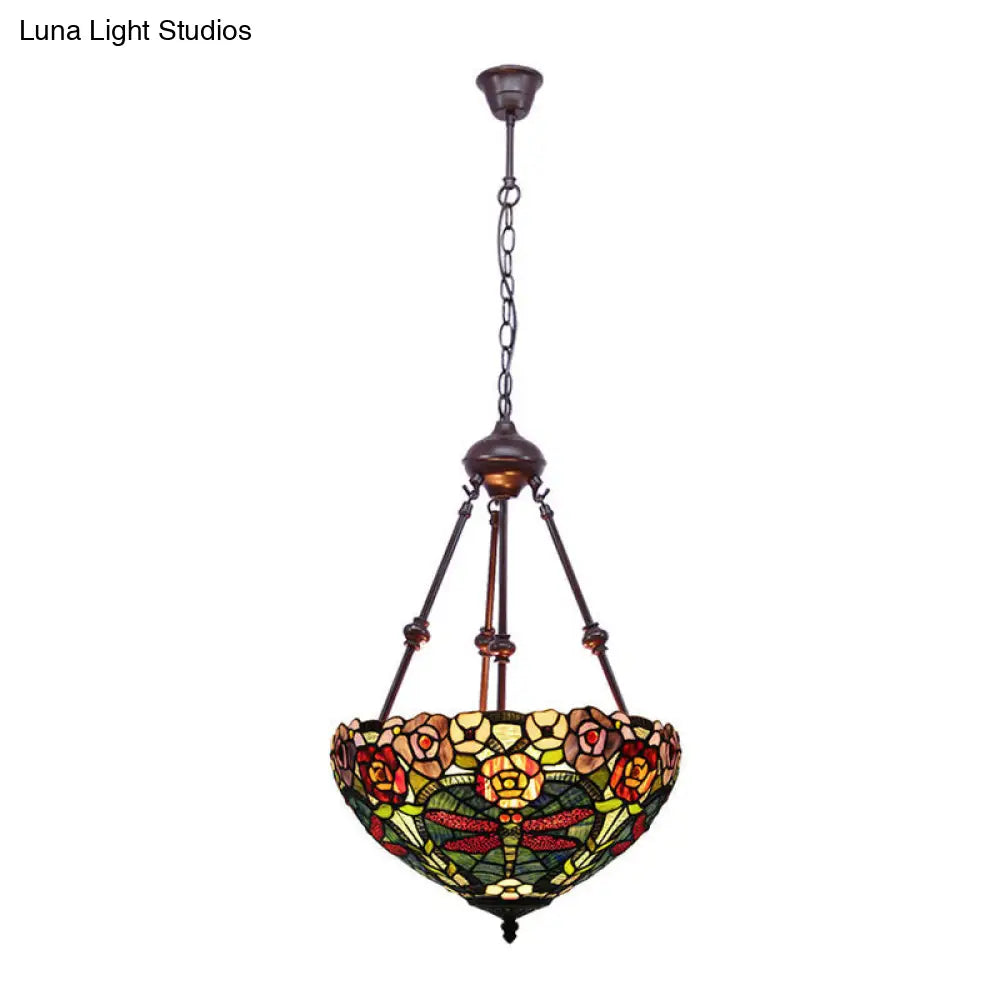 Stained Art Glass Chandelier Light - Petal Design - 2 Lights - Red/Orange/Green - Bedroom Pendant Lighting Fixture