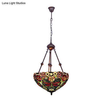Stained Art Glass Chandelier Light - Petal Design - 2 Lights - Red/Orange/Green - Bedroom Pendant Lighting Fixture