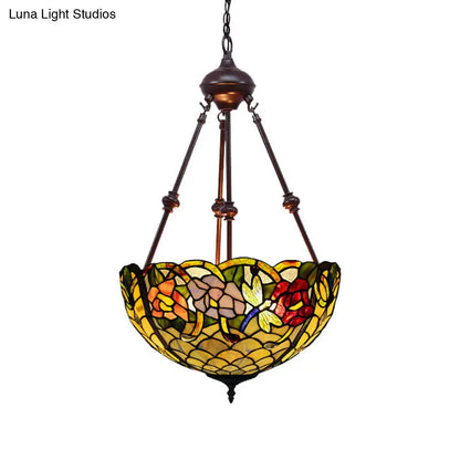 Stained Art Glass Chandelier Light - Petal Design - 2 Lights - Red/Orange/Green - Bedroom Pendant Lighting Fixture