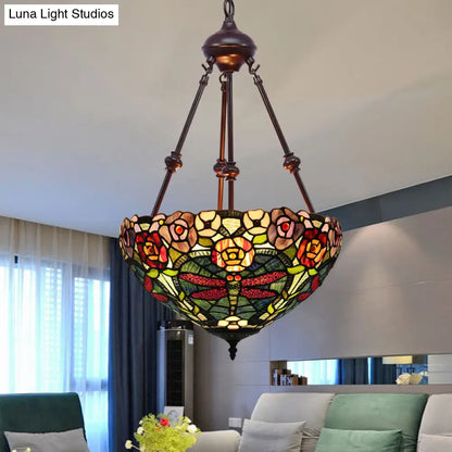 Stained Art Glass Chandelier Light - Petal Design - 2 Lights - Red/Orange/Green - Bedroom Pendant Lighting Fixture