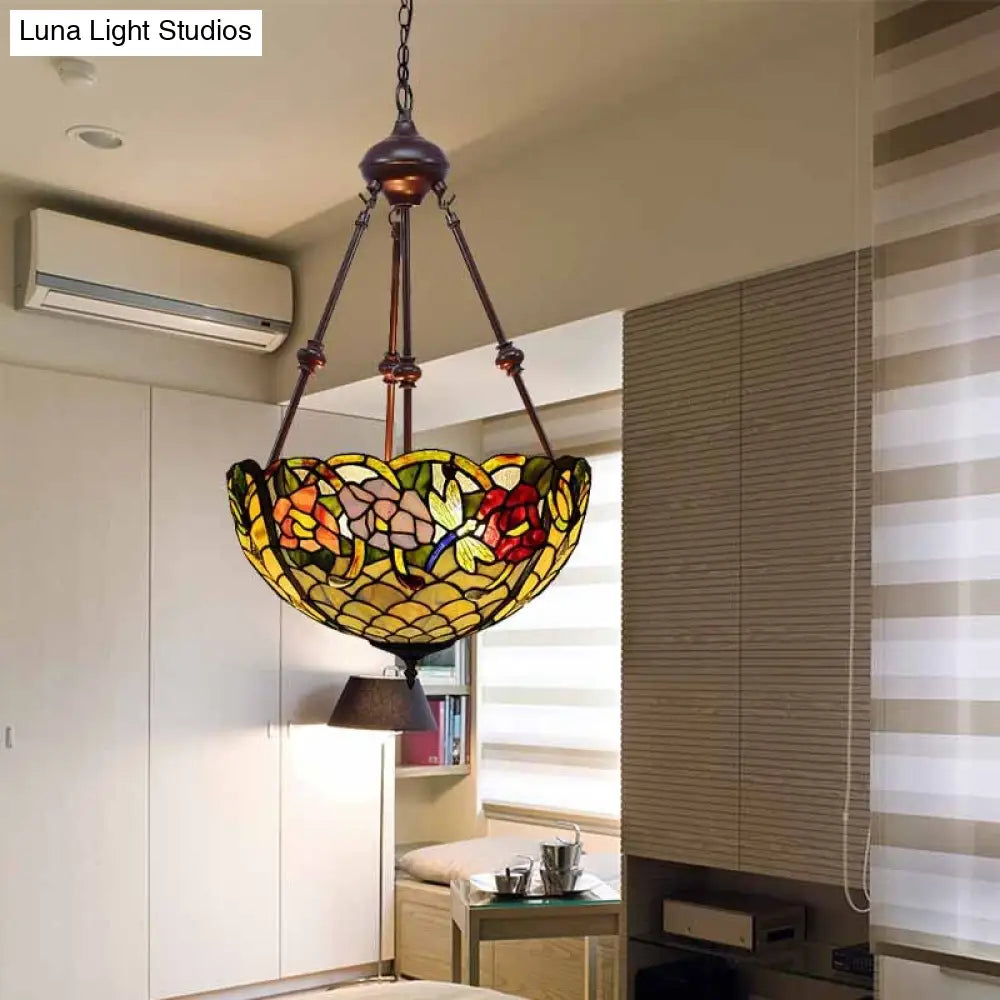 Stained Art Glass Chandelier Light - Petal Design - 2 Lights - Red/Orange/Green - Bedroom Pendant Lighting Fixture