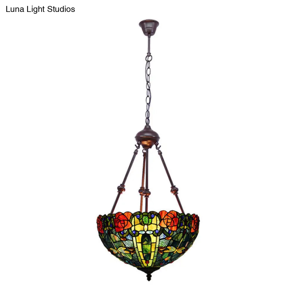 Stained Art Glass Chandelier Light - Petal Design - 2 Lights - Red/Orange/Green - Bedroom Pendant Lighting Fixture