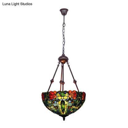 Stained Art Glass Chandelier Light - Petal Design - 2 Lights - Red/Orange/Green - Bedroom Pendant Lighting Fixture