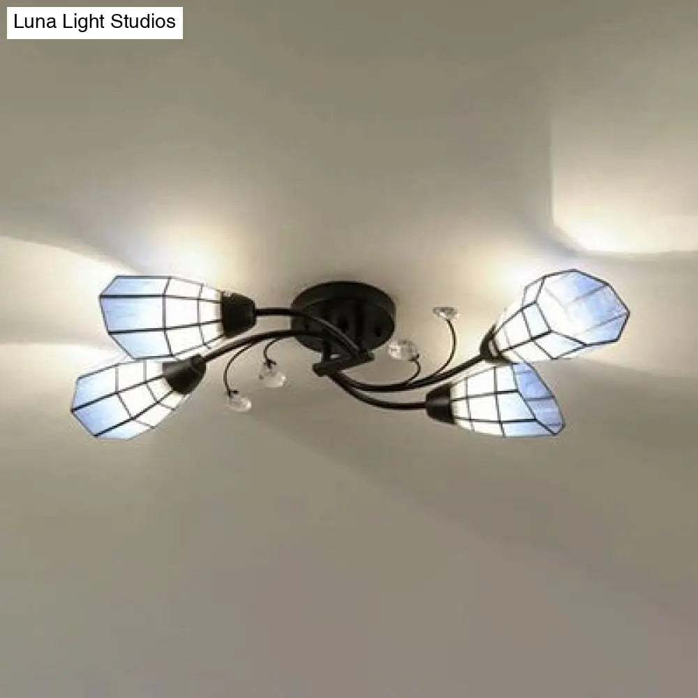 DecorBites™ DecorBites™ Stained Glass Bell Semi Flushmount with Crystal Decoration and Leaf/Blue Square/Sky Blue Square/Yellow Square Pattern Rustic Light in Black - 4/6/8 Lights