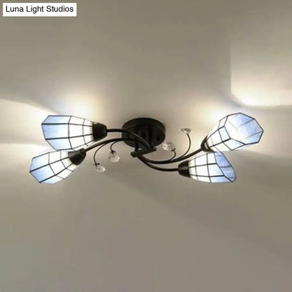 DecorBites™ DecorBites™ Stained Glass Bell Semi Flushmount with Crystal Decoration and Leaf/Blue Square/Sky Blue Square/Yellow Square Pattern Rustic Light in Black - 4/6/8 Lights