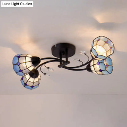 DecorBites™ DecorBites™ Stained Glass Bell Semi Flushmount with Crystal Decoration and Leaf/Blue Square/Sky Blue Square/Yellow Square Pattern Rustic Light in Black - 4/6/8 Lights