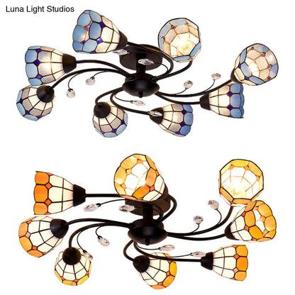 DecorBites™ DecorBites™ Stained Glass Bell Semi Flushmount with Crystal Decoration and Leaf/Blue Square/Sky Blue Square/Yellow Square Pattern Rustic Light in Black - 4/6/8 Lights