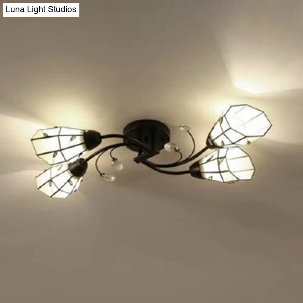 DecorBites™ DecorBites™ Stained Glass Bell Semi Flushmount with Crystal Decoration and Leaf/Blue Square/Sky Blue Square/Yellow Square Pattern Rustic Light in Black - 4/6/8 Lights