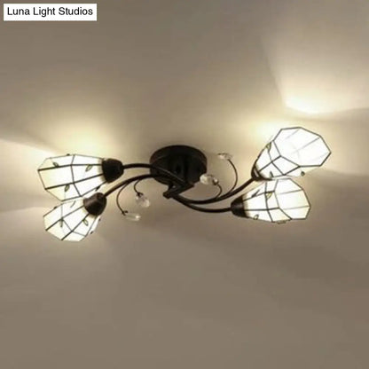 DecorBites™ DecorBites™ Stained Glass Bell Semi Flushmount with Crystal Decoration and Leaf/Blue Square/Sky Blue Square/Yellow Square Pattern Rustic Light in Black - 4/6/8 Lights