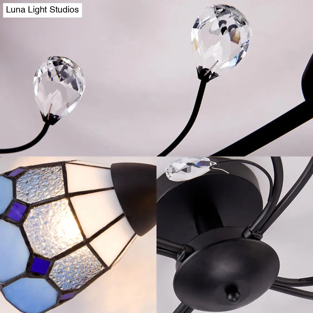 DecorBites™ DecorBites™ Stained Glass Bell Semi Flushmount with Crystal Decoration and Leaf/Blue Square/Sky Blue Square/Yellow Square Pattern Rustic Light in Black - 4/6/8 Lights