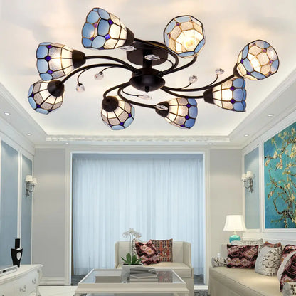 DecorBites™ DecorBites™ Stained Glass Bell Semi Flushmount with Crystal Decoration and Leaf/Blue Square/Sky Blue Square/Yellow Square Pattern Rustic Light in Black - 4/6/8 Lights