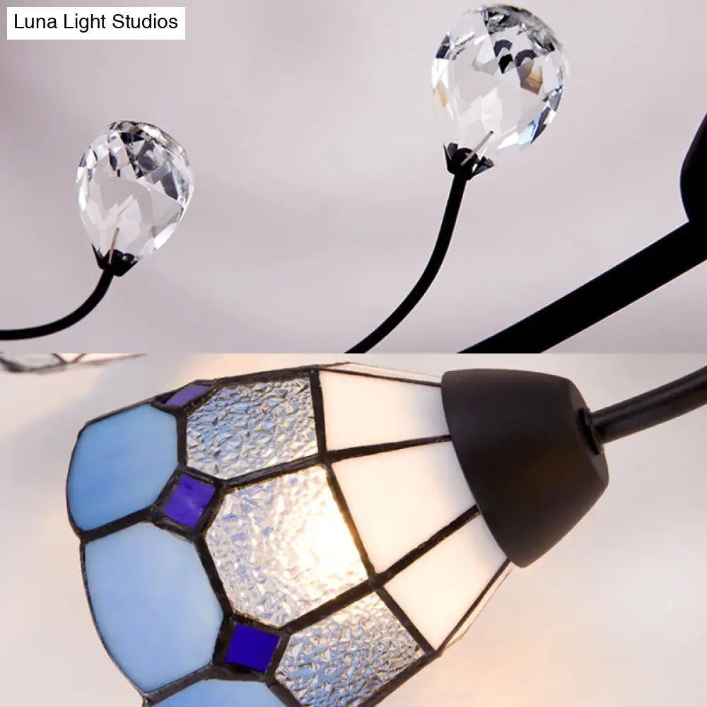 DecorBites™ DecorBites™ Stained Glass Bell Semi Flushmount with Crystal Decoration and Leaf/Blue Square/Sky Blue Square/Yellow Square Pattern Rustic Light in Black - 4/6/8 Lights