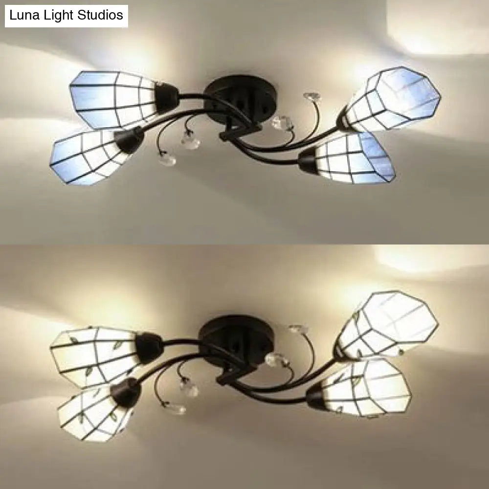 DecorBites™ DecorBites™ Stained Glass Bell Semi Flushmount with Crystal Decoration and Leaf/Blue Square/Sky Blue Square/Yellow Square Pattern Rustic Light in Black - 4/6/8 Lights