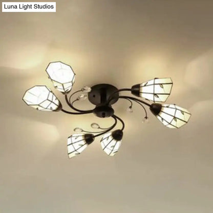 DecorBites™ DecorBites™ Stained Glass Bell Semi Flushmount with Crystal Decoration and Leaf/Blue Square/Sky Blue Square/Yellow Square Pattern Rustic Light in Black - 4/6/8 Lights