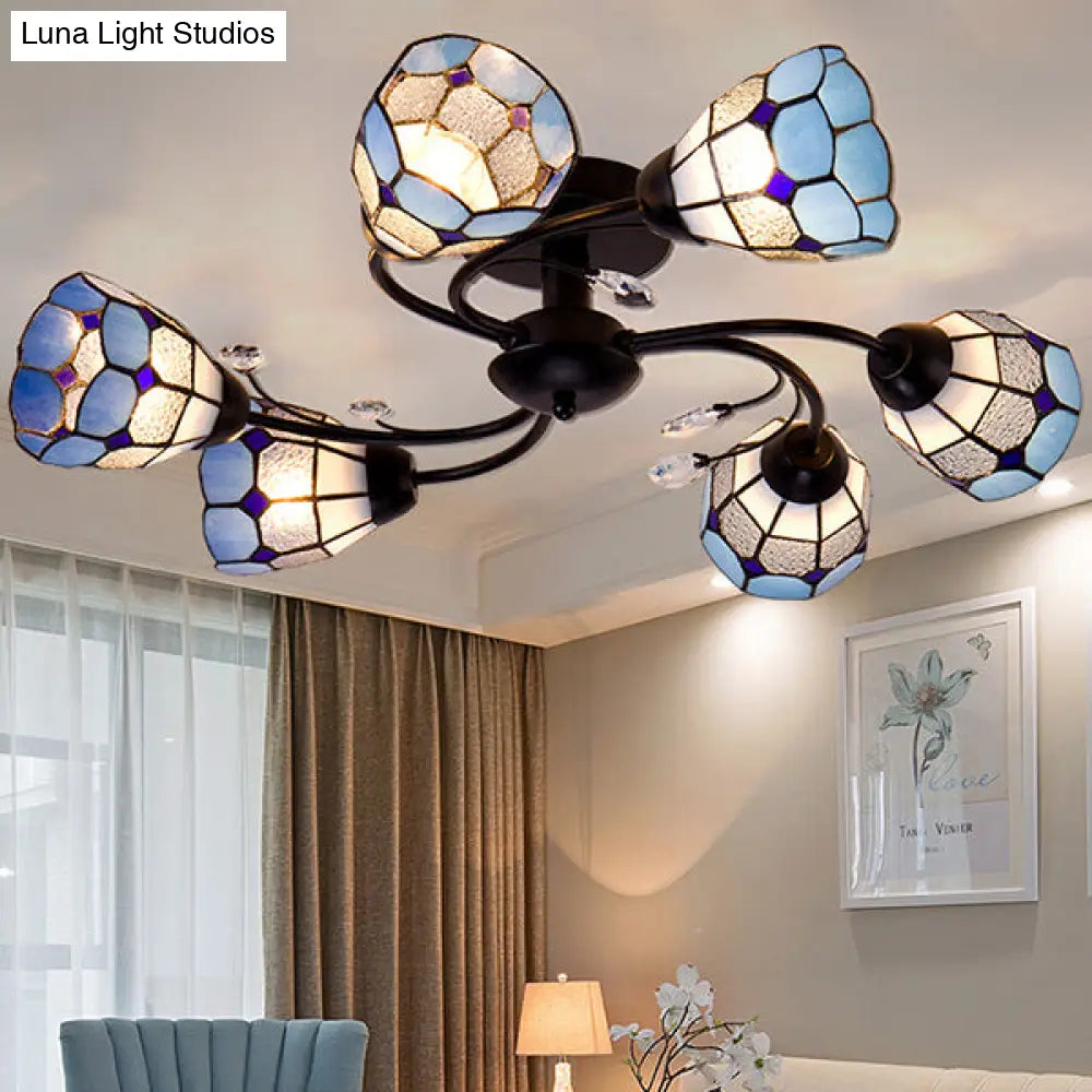 DecorBites™ DecorBites™ Stained Glass Bell Semi Flushmount with Crystal Decoration and Leaf/Blue Square/Sky Blue Square/Yellow Square Pattern Rustic Light in Black - 4/6/8 Lights